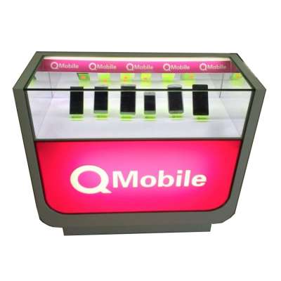 Beautiful custom design mobile phone shop glass and wooden mobile phone display counter display stand with led strip