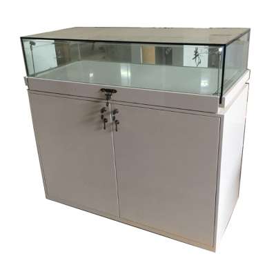 Custom make design lockable tempered glass white jewelry display cabinet with drawer and led lighting