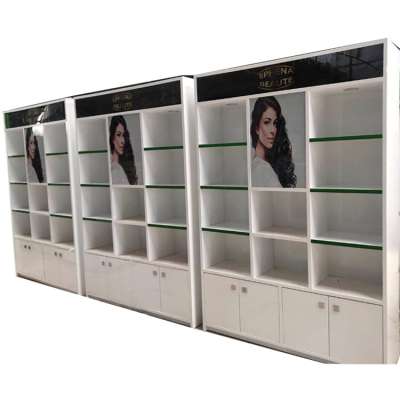 Beautiful big set makeup product wooden display cabinet display stand with led lights and custom logo